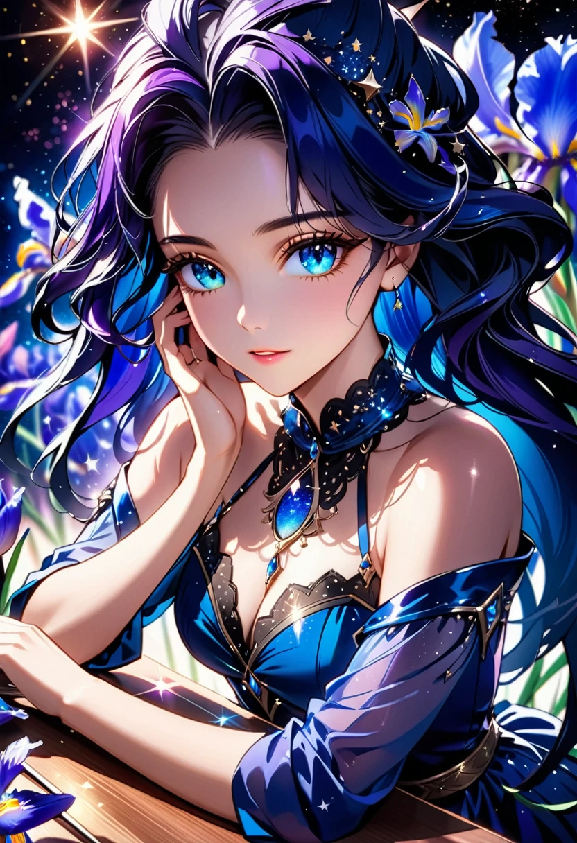 a extreme close up facial picture of an astrologist who divine the future from the stars, an extraordinary beautiful woman, divining the future from the stars, there is magic in her eyes, the ((irises are colored deep blue filled with stars: 1.5)) ladyshadow, dynamic hair color, dynamic hair style, she sits near a table, dynamic clothing, dynamic background, vibrant, Ultra-high resolution, High Contrast, (masterpiece:1.5), highest quality, Best aesthetics), best details, best quality, highres, 16k, [ultra detailed], masterpiece, best quality, (extremely detailed), Shiny..., ladyshadow