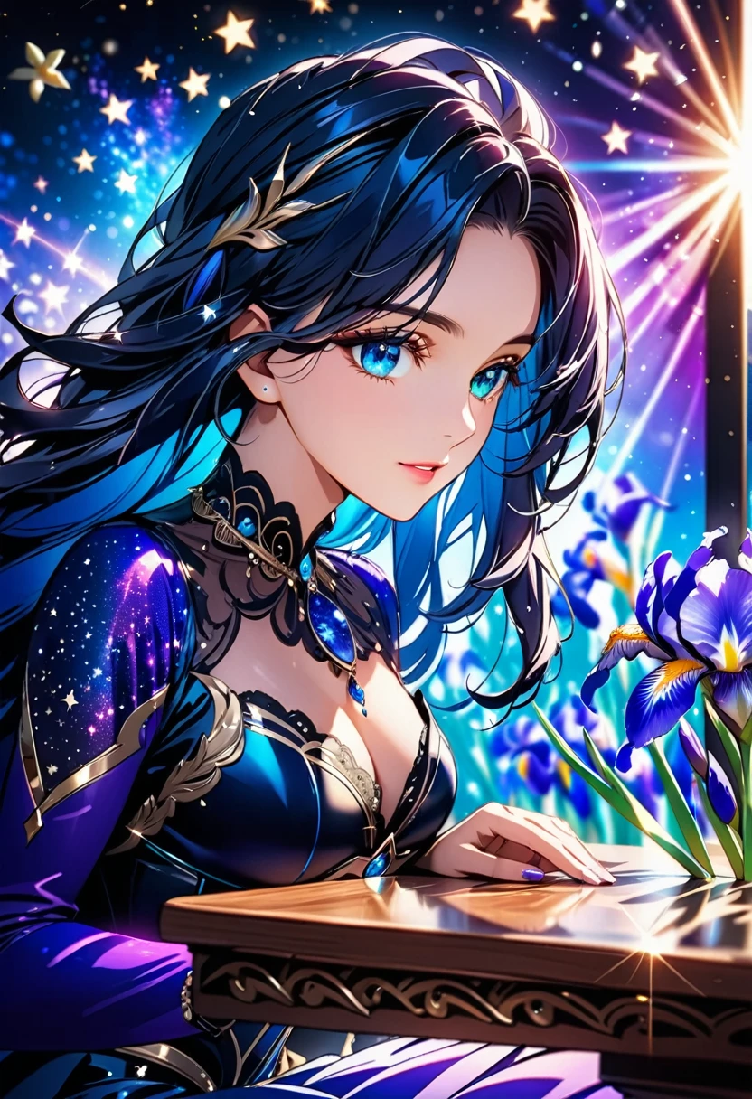 a extreme close up facial picture of an astrologist who divine the future from the stars, an extraordinary beautiful woman, divining the future from the stars, there is magic in her eyes, the ((irises are colored deep blue filled with stars: 1.5)) ladyshadow, dynamic hair color, dynamic hair style, she sits near a table, dynamic clothing, dynamic background, vibrant, Ultra-high resolution, High Contrast, (masterpiece:1.5), highest quality, Best aesthetics), best details, best quality, highres, 16k, [ultra detailed], masterpiece, best quality, (extremely detailed), Shiny..., ladyshadow