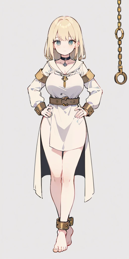 ((plain background:1.2) full body, barefoot, solo, female, big breast ,linen tunic, armor, Handcuffs on their hands, With a collar around the neck, hands on hips, slave, ((black choker, shackles on legs and arms))