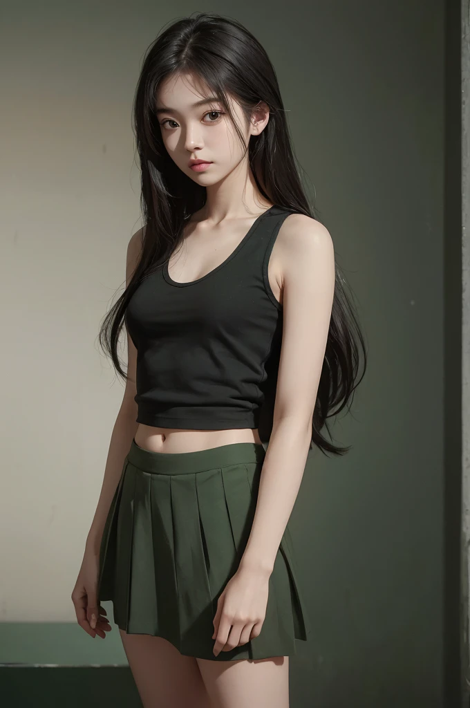 20 year old girl, green tank top, green skirt, long hair, high contrast (Natural skin texture, Hyperrealism, Soft Light, sharp), portrait, standing, kpop