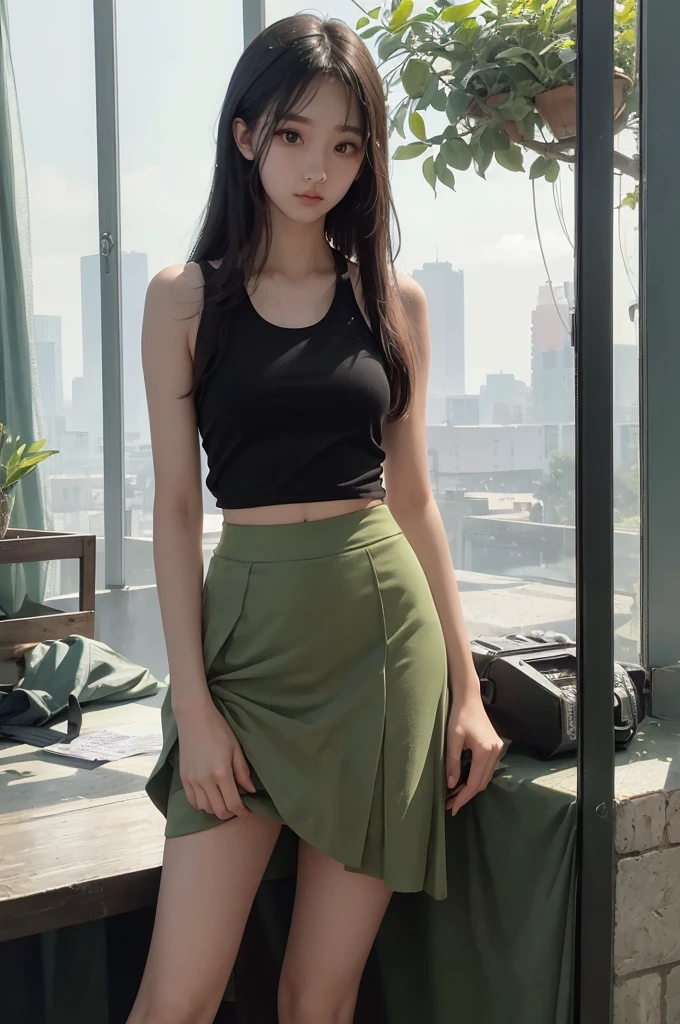 20 year old girl, green tank top, green skirt, long hair, high contrast (Natural skin texture, Hyperrealism, Soft Light, sharp), portrait, standing, kpop