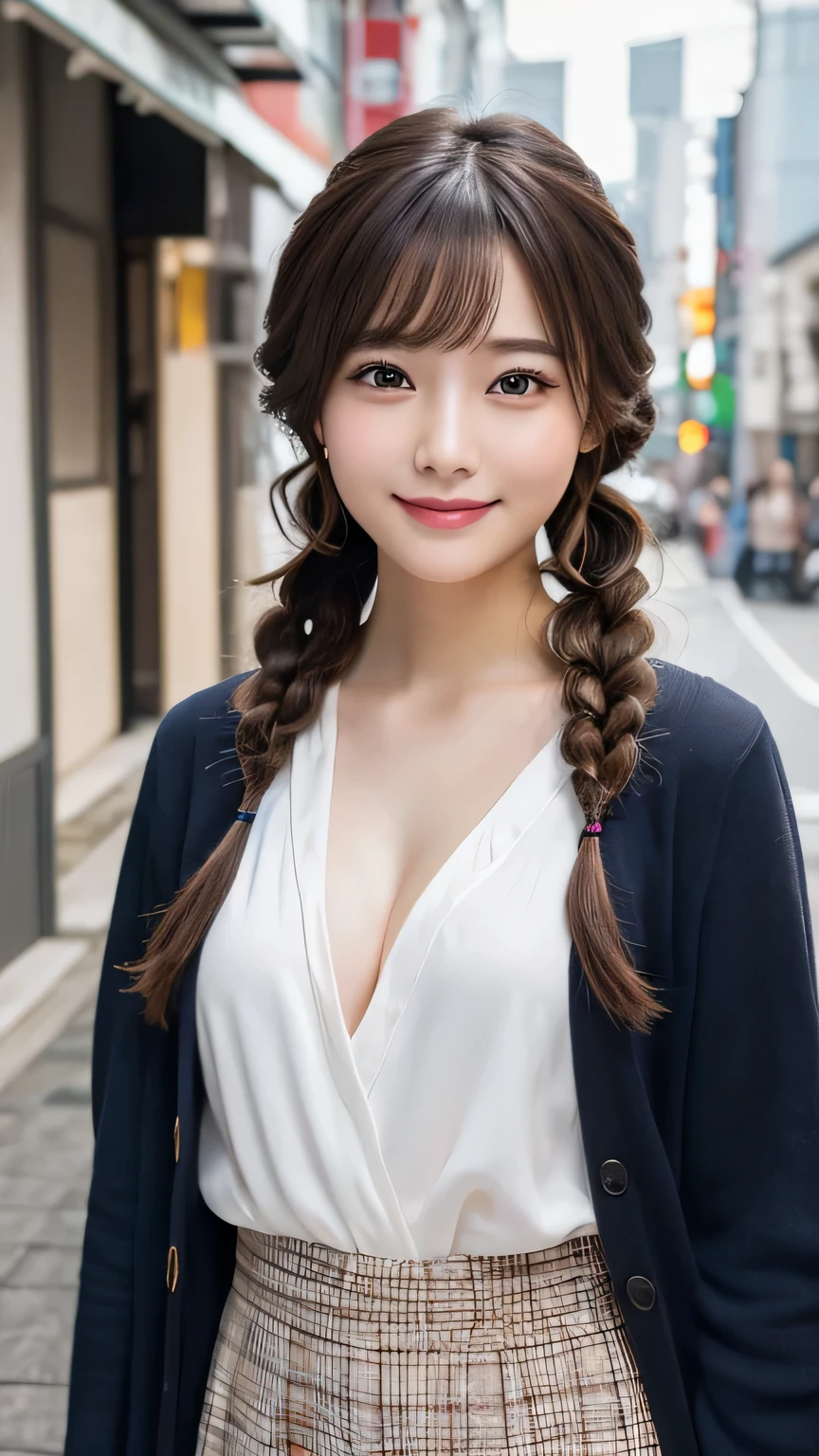 (masterpiece:1.3), (8K, Photorealistic, Raw photo, Best image quality: 1.4), Japanese schoolgirl、A full-body shot facing forward，Less exposure、Trendy clothes，Medium Hair，Natural color lip，(Random Hairstyles:1.2)、Cleavage:1.2、Super detailed face、Attention to detail、double eyelid、Put your chest together、Sharp focus:1.2、Beautiful woman:1.4、Highest quality、masterpiece、超A high resolution、(Photorealistic:1.4)、Highly detailed and professionally lit smile、