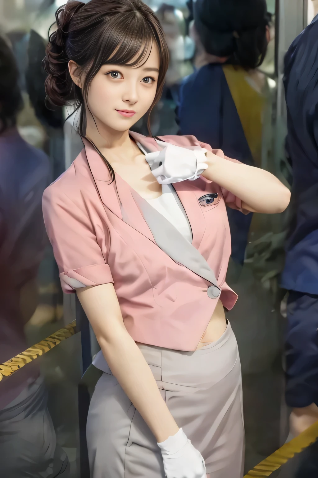 Showing your belly button、(masterpiece:1.2, Highest quality:1.2), 32k HDR, High resolution, (alone、1 Girl)、 (height: 160cm)、(Building rooftop in the daytime、Professional Lighting)、Building rooftop background、(Nankai train crew uniform pinkを着たリアルスタイル)、(Nankai Electric Railway crew uniform, pink, Short sleeve, Collarless, pink jacket、Nankai Electric Railway crew uniform pink no-collar short-sleeve blouse、Nankai Electric Railway crew uniform, pink grey, Knee-length culottes)、(A pink jacket peeks out from under the culottes.)、Dark brown hair、(Hair tied up、Hair tied up、Evening curly hairstyles)、Dark brown hair、Long Shot、Big Breasts、Thin legs、((Great hands:2.0)),((Harmonious body proportions:1.5)),((Normal limbs:2.0)),((Normal finger:2.0)),((Delicate eyes:2.0)),((Normal eyes:2.0)))、smile、(Nankai Electric Railway crew uniform, pink grey, Knee-length culottesを見せた美しい歩く姿)、Place your hands around your stomach
