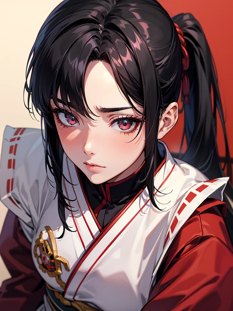 Highest quality, Ultra-high resolution, (Realistic: 1.4), beautiful Eyes, Super beautiful, beautiful, Warrior, Japanese style red tones、(Black Hair、ponytail),, beautiful Soldier, Eyes that beckon, Droopy eyeistress&#39;s point of view, Attractive look, Fearless smile, Perfect Style, Perfect balance, Detailed skin,  (beautiful景色,snow), night