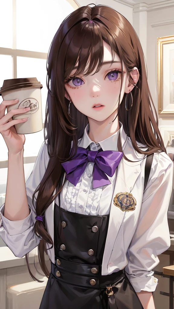 (Top resolution、Distinct_image)top-quality、femele、​masterpiece、highly detailed、Semi-realistic、purple eyes、18year old、young、Exquisite facial features、Facial features、unique hairstyle, variations, potrait, white background,    , long straight hairstyles , light brown hair , barista , workplace uniform, coffe shop, cafe, cashier