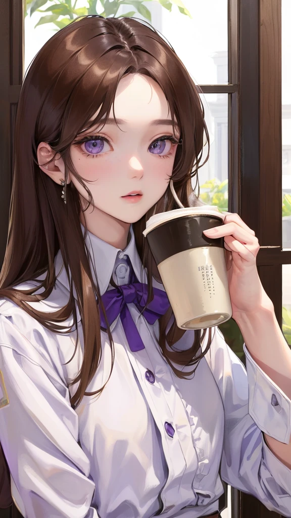 (Top resolution、Distinct_image)top-quality、femele、​masterpiece、highly detailed、Semi-realistic、purple eyes、18year old、young、Exquisite facial features、Facial features、unique hairstyle, variations, potrait, white background,    , long straight hairstyles , light brown hair , barista , workplace uniform, coffe shop, cafe, cashier