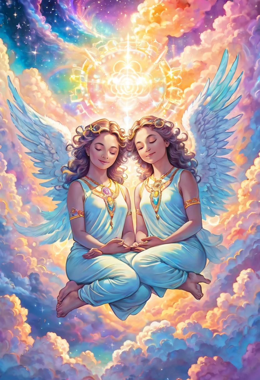 close-up, the twin Angel meditating on clouds, twin soul, photo from above, chakras glowing in pastel iridescent colors, happiness, joy, sacred, stars, universe