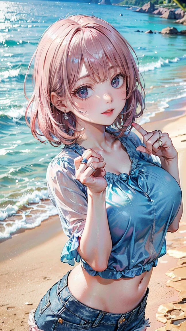 (Masterpiece, BestQuality:1.3), (ultra detailed:1.2), (hyperrealistic:1.3), (RAW photo:1.2), High detail RAW color photo, professional photograph, (Photorealistic:1.4), (realistic:1.4), (Pink Hair:1.5), professional lighting, perfect anatomy, (Big Breasts:1.2), (blush, detailed face), (A happy smile:1.7), sexly, erotic sexly, Random sexy gravure poses, (Beautiful woman wearing a blue chiffon blouse and denim shorts、A refreshing smile on the beach、Silver Ring、Shell picking pose。:1.3)
