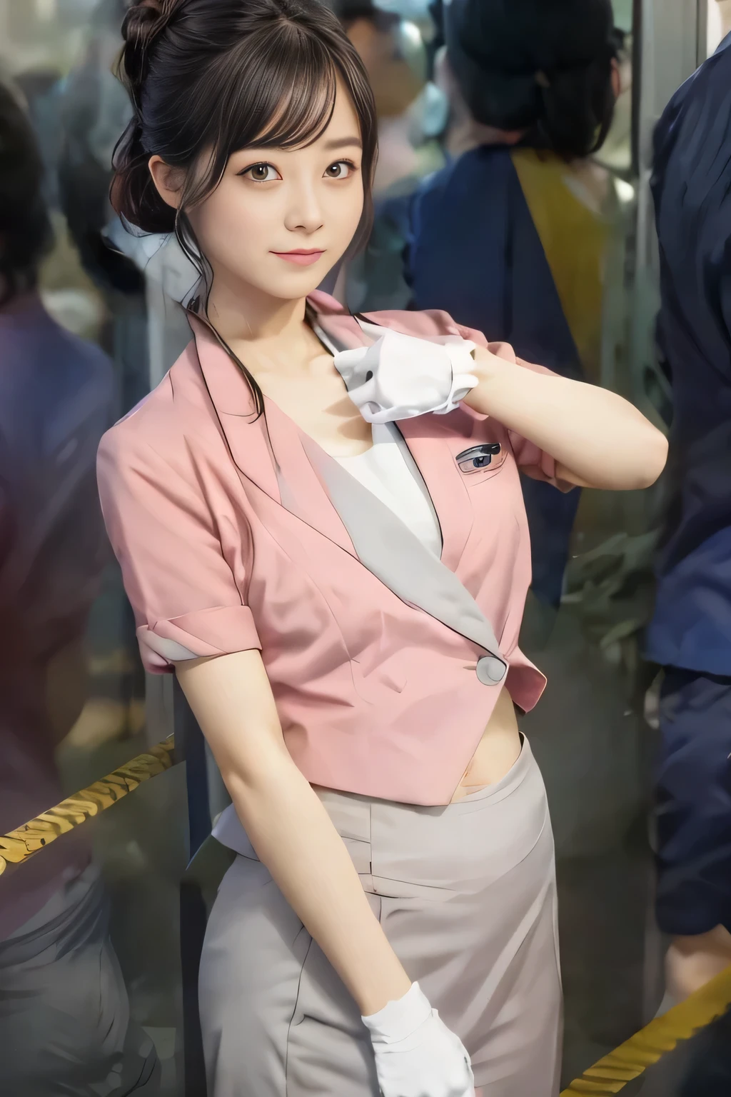 Showing your belly button、(masterpiece:1.2, Highest quality:1.2), 32k HDR, High resolution, (alone、1 Girl)、 (height: 160cm)、（Building rooftop in the daytime、Professional Lighting）、Building rooftop background、（Nankai train crew uniform pinkを着たリアルスタイル）、（Nankai Electric Railway crew uniform, pink, Short sleeve, Collarless, pink jacket、Nankai Electric Railway crew uniform pink no-collar short-sleeve blouse、Nankai Electric Railway crew uniform, pink grey, Knee-length culottes）、（A pink jacket peeks out from under the culottes.）、Dark brown hair、（Hair tied up、Hair tied up、Evening curly hairstyles）、Dark brown hair、Long Shot、Big Breasts、Thin legs、（（Great hands：2.0）），（（Harmonious body proportions：1.5）），（（Normal limbs：2.0）），（（Normal finger：2.0）），（（Delicate eyes：2.0）），（（Normal eyes：2.0））)、smile、（Nankai Electric Railway crew uniform, pink grey, Knee-length culottesを見せた美しい歩く姿）、Place your hands around your stomach