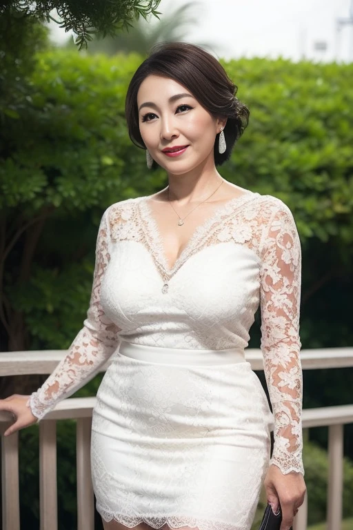 (fullbody:1.3), (extreme beauty), (fat evil goddess), intaglio, Best quality, Ultra-detailed, Photorealistic, Super detailed skin, Perfect anatomy, (1 Japanese mature female), (Solo), 40 years old, Big breasts, Mature female politician, carismatic, A sexy, Chromo-white skin, view the viewer, middle aged women,(No cleavage),upper legs, Makeup, (Lipstick: 1.1), (Eyeliner: 1.2), Mascara, Eyeshadow, Wavy Hair, Room, Outdoors, Earrings, necklace,  elegant openwork intricate lace body conscious dress, tight miniskirt, smooth pantyhose, Wrinkles at the corners of the eyes, Oral wrinkles,