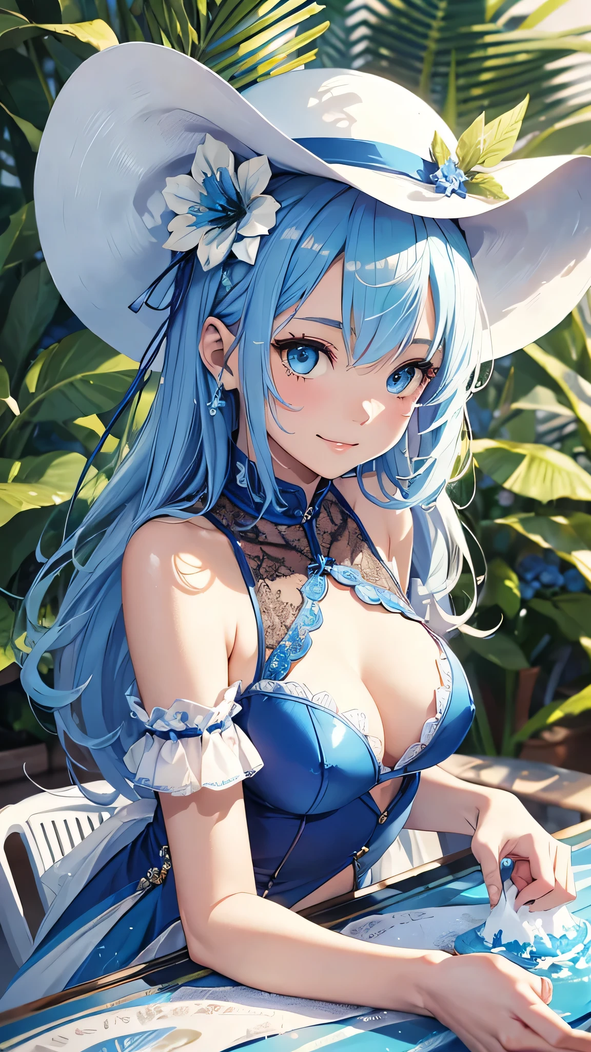 最high quality、Best image quality、masterpiece、With a girl((cute、15 years old、Best Bust、Medium Bust、Bust 85,Beautiful Blue Eyes、Spread your chest wide,Blonde lointail、Slender、The best valley、、Blue sleeveless shirt、White shorts,Show the whole body、Blue Mesh,Leaning forward greatly、Blue hat、Blue flower hair ornament,Face Paint,smile))high quality、Beautiful art、background((summertime、White table、White chair、shaved ice、)),Tabletop、Exquisite design、Visual Arts、Depth of written boundary、Best lighting、Highest detail、8k