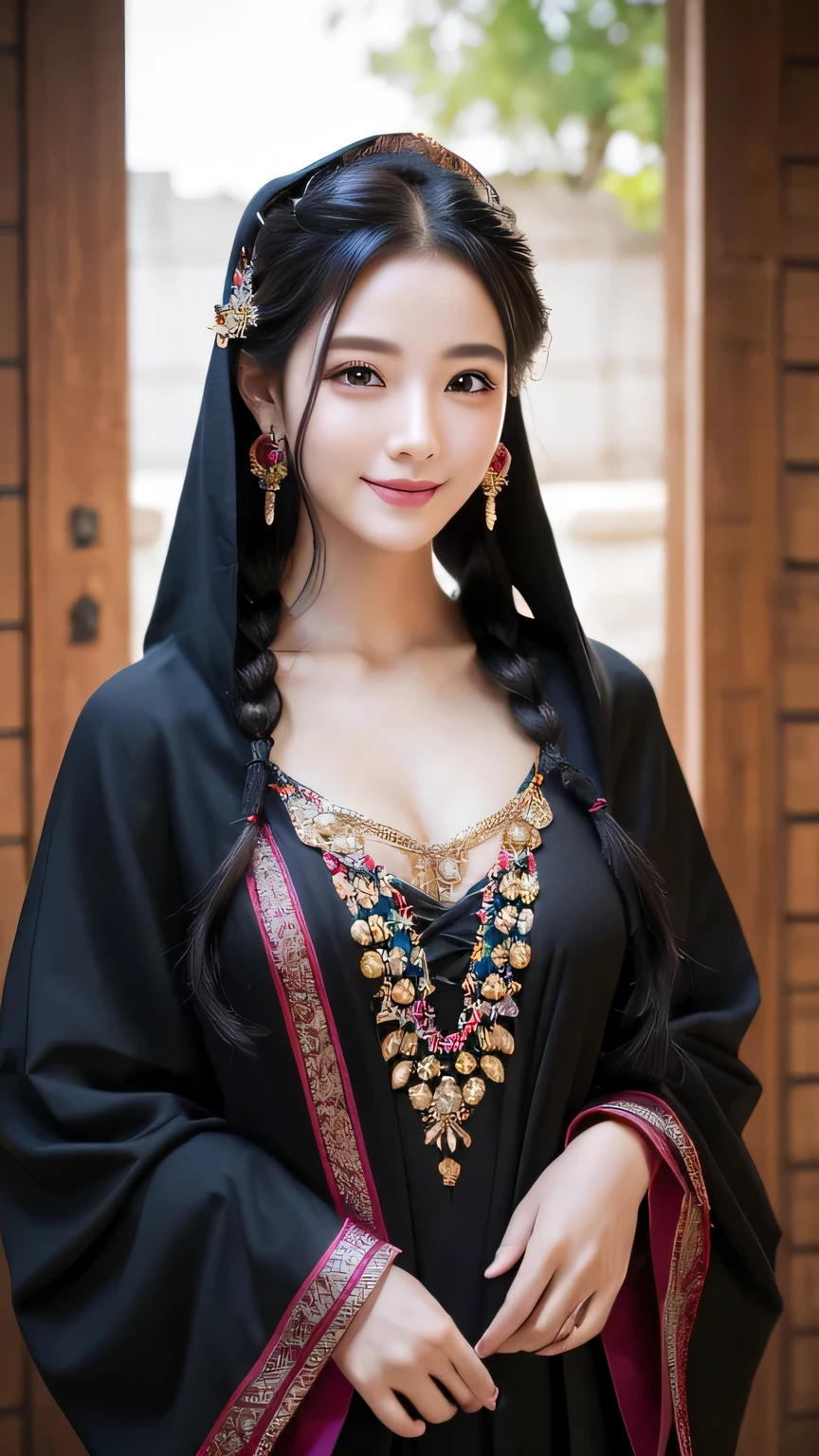(masterpiece:1.3), (8k, Photorealistic, Raw photo, Best image quality: 1.4), Japanese 、Take a full-body photo，gypsy，fortune teller，Black costume，Wearing a hood，crystal，Natural color lip，(Random Hairstyles:1.2)、Cleavage:1.2、Super detailed face、Attention to detail、double eyelid、Put your chest together、Sharp focus:1.2、Beautiful woman:1.4、Black Hair、highest quality、masterpiece、超A high resolution、(Photorealistic:1.4)、Highly detailed and professionally lit smile、