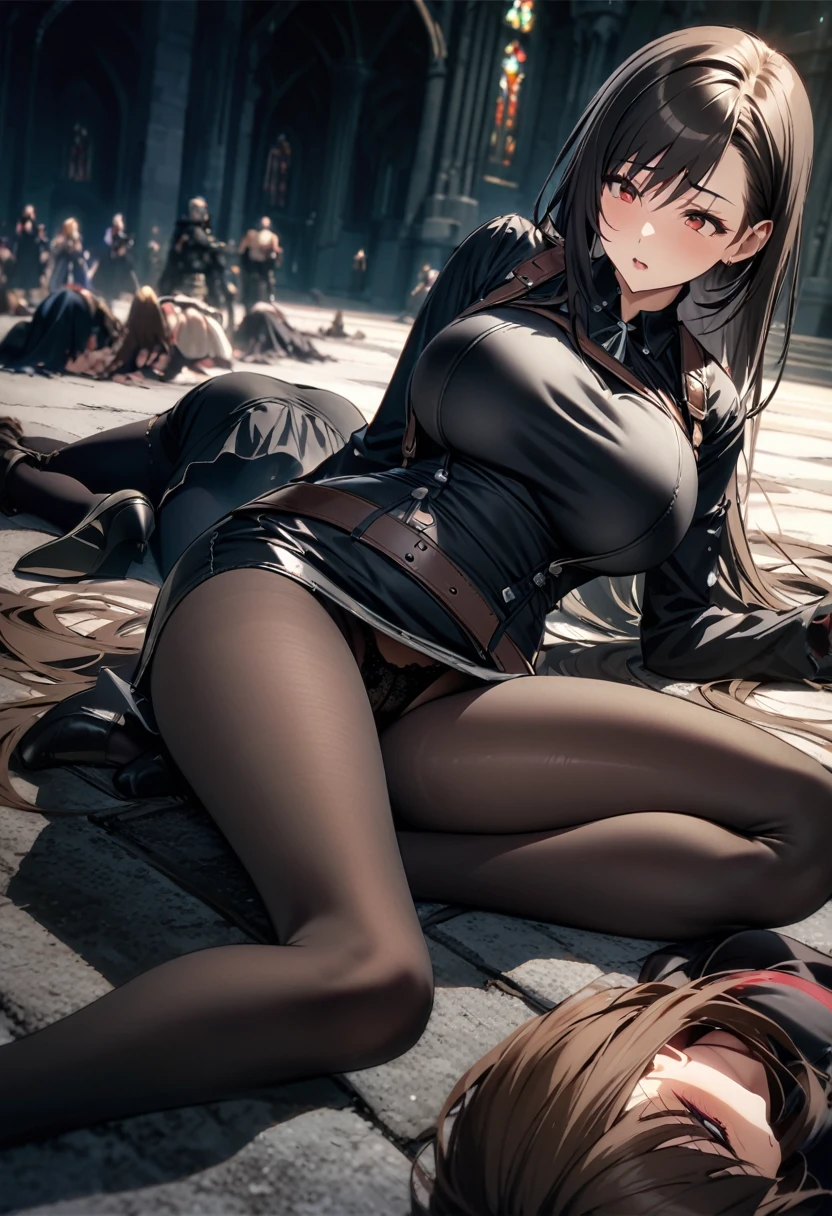 masterpiece, 最high quality, High resolution,  Final Fantasy 7、Tifa Lockhart、Black torn clothes 、Black ripped pantyhose、Dark church at night、sexy、Wearing a mini skirt、Thin legs、Big Breasts、Slim figure、high quality　CG Tone、Torn black panties、Defeat scene、Losing to a woman、Lying on the floor、Surrounded by women、Prone state