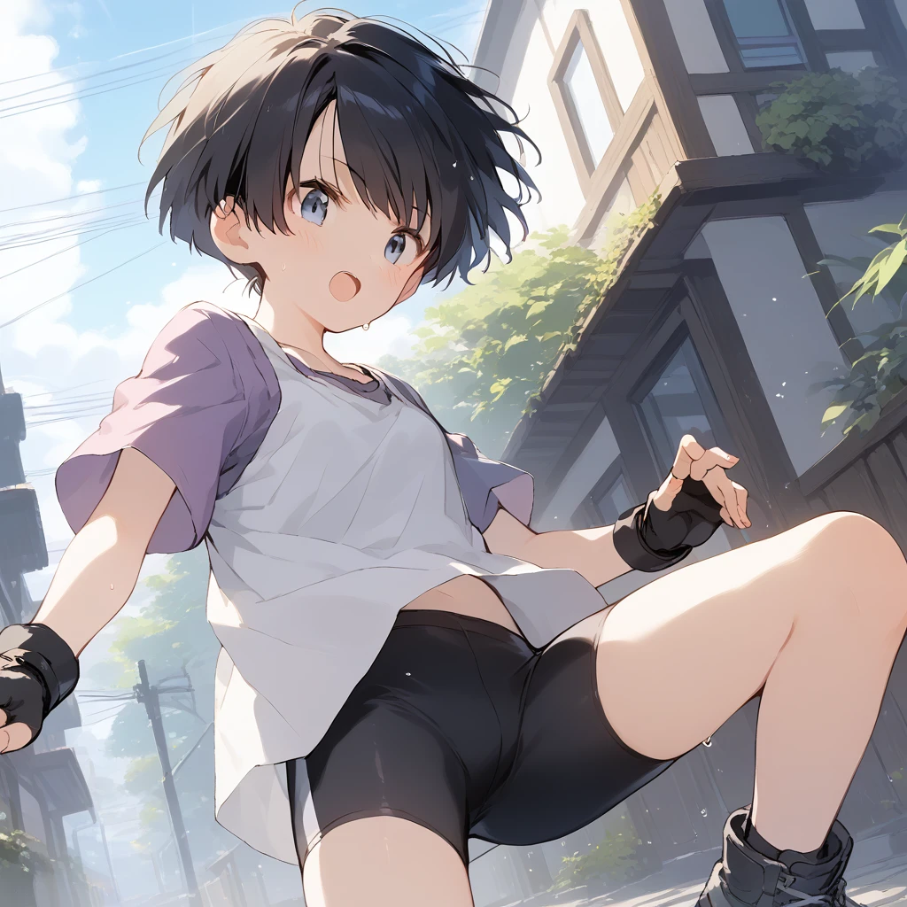 score_9, score_8_up, score_7_up, source_anime, best quality, masterpiece, official art, absurdres, highres, ultra-detailed,waifu2x,Collection: Slice of Life,break,1girl, short hair, spiked hair, blue eyes, bike shorts, purple shirt, (white shirt), fingerless gloves,sweat, open mouth, sleepily,  outdoors, wind,break,(clear line illustration:1.2), super detailed skin,very high resolution, very aesthetic, Best sexual lighting powered by famous artist, 8k,cute picture,beauty illustration,photoshop_(medium),,(Detailed Lighting),best anime 8k konachan wallpaper, pixiv contest winner, 