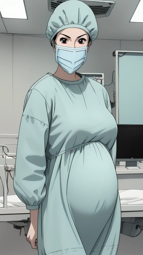 masterpiece, highest quality, source_anime, the view is turned slightly to the side, upper body, (RAW photo, best quality), 1girl, long hair, frown, pale skin, shy eyes, big breasts, big tits, pregnant, stand, natural lighting, solo, hospital, in the operating room, operating room background,
ray kasugano, pregnant with big belly, (give a score of 9_give a score of 8_give a score of 7) long sleeve Surgical dress, bouffant cap, cover the ears, surgical mask, long surgical gloves,