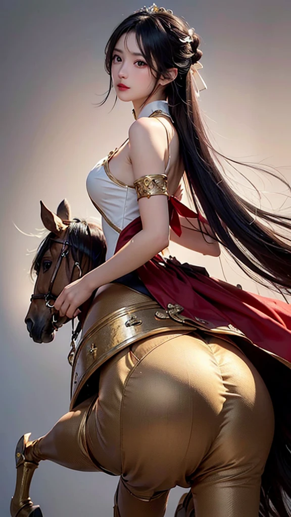 Beauty Knight。Tight knight suit。Handsome face。White and tender skin。Perfect and attractive figure。Galloping on a horse。Plump thighs exposed。Exposed thighs。Exposed shoulders and back。Full body portrait。