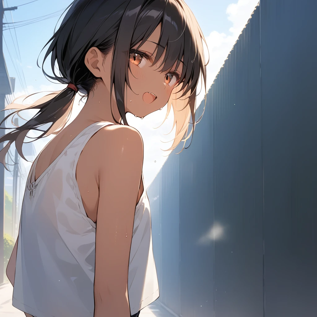 score_9, score_8_up, score_7_up, source_anime, best quality, masterpiece, official art, absurdres, highres, ultra-detailed,waifu2x,Collection: Slice of Life,break,1girl, tomboy, dark-skinned female, short hair, low ponytail, flat chest, beautiful detailed eyes, short shorts, sweat, open mouth, (yawn:0.3), sleepily, outdoors, wind,break,(clear line illustration:1.2), super detailed skin,very high resolution, very aesthetic, Best sexual lighting powered by famous artist, 8k,cute picture,beauty illustration,photoshop_(medium),,(Detailed Lighting),best anime 8k konachan wallpaper, pixiv contest winner,