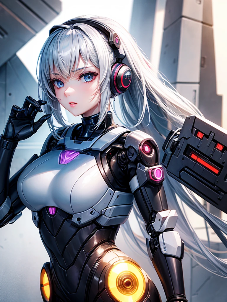 Make an image of a female robot, she looks hot and pretty