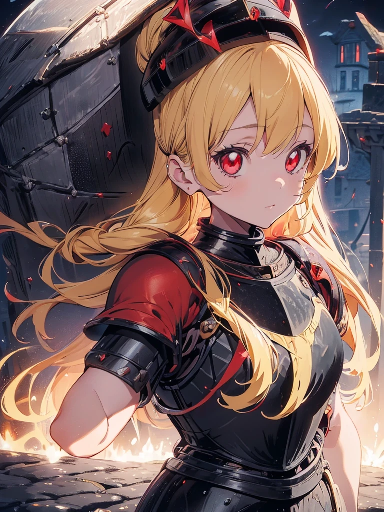 (RED Ribbon on HAIRband:1.2),(blonde hair :1.5),long hair,hair ornament,(((RED eyes))),(Anime Girl: 1.2), (Master Piece)), (Best Quality: 1.2), (8k Quality)), (Extremely Detailed Illustration)), (super fine Illustration)), an Extremely Delicate and Beautiful, Ultra High Resolution,fantasy,18 yo, cute face, kawaii,1 girl, solo,medium breasts,
(knight girl:1.9),(black diamond knight armor:1.9),((red cape)),weapon,(hand holding a trident:1.3),night,moon,castle town,outdoor:1.5,,Ichigo Hoshimiya (Aikatsu!),samurai,