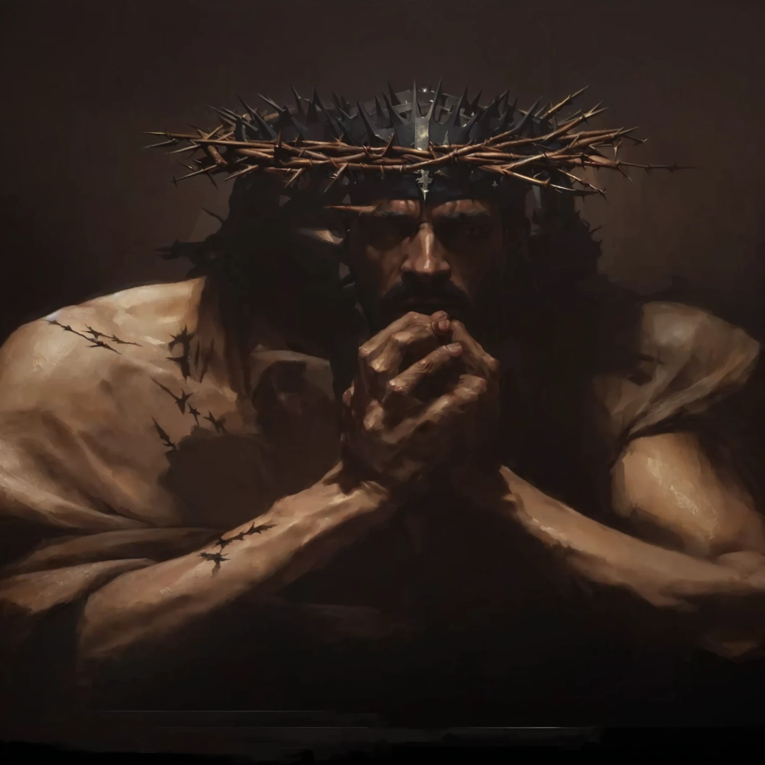 a painting of a man with a crown of thorns on his head, Direction: Willem Drost, por Johannes Helgeson, Michael Hussardo, Craig Mullins Necro, by Karl Kopinski, bastien lecouffe - deharme, inspired Direction: Willem Drost, Gabriele Dell'otto, Craig Mullins spotted lighting, (Foto RAW, real, best qualityer, Masterpiece artwork: 1.2), (Hiper realisitic, realisitic: 1.2), high qualiy, (dark ilumination: 1.2), perfect lighting, Lightroom, 35mm films, cinemactic, dimmed colors, dark shot, Muted colours, grainy film, lute, insane details, Intricate details