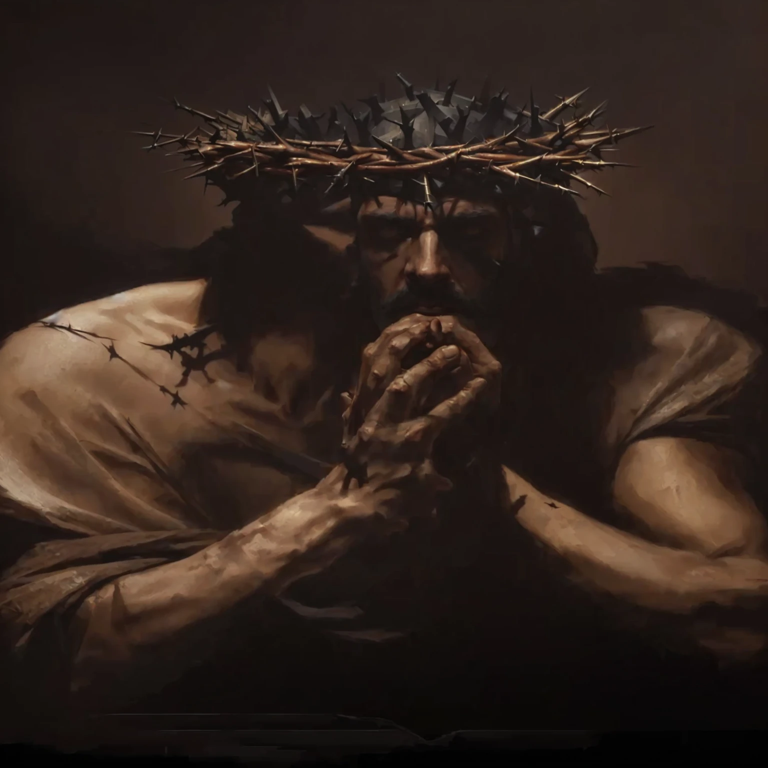 a painting of a man with a crown of thorns on his head, Direction: Willem Drost, por Johannes Helgeson, Michael Hussardo, Craig Mullins Necro, by Karl Kopinski, bastien lecouffe - deharme, inspired Direction: Willem Drost, Gabriele Dell'otto, Craig Mullins spotted lighting, (Foto RAW, real, best qualityer, Masterpiece artwork: 1.2), (Hiper realisitic, realisitic: 1.2), high qualiy, (dark ilumination: 1.2), perfect lighting, Lightroom, 35mm films, cinemactic, dimmed colors, dark shot, Muted colours, grainy film, lute, insane details, Intricate details