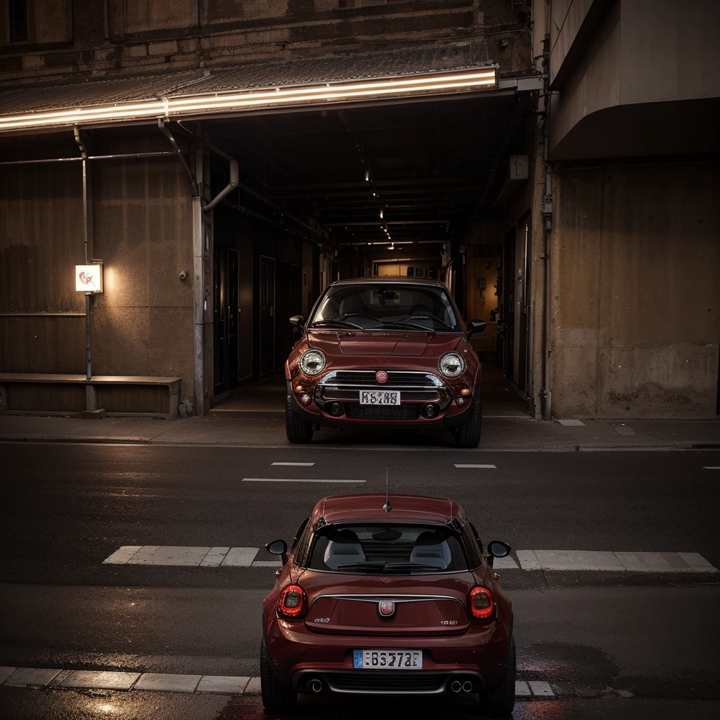 Fiat Bravo 198, three-quarter shot, black and chrome headlights, miniskirt, minispoiler, metallic burgundy colored car, burnished alloy wheels, tinted rear windows, parked in the center of Siena