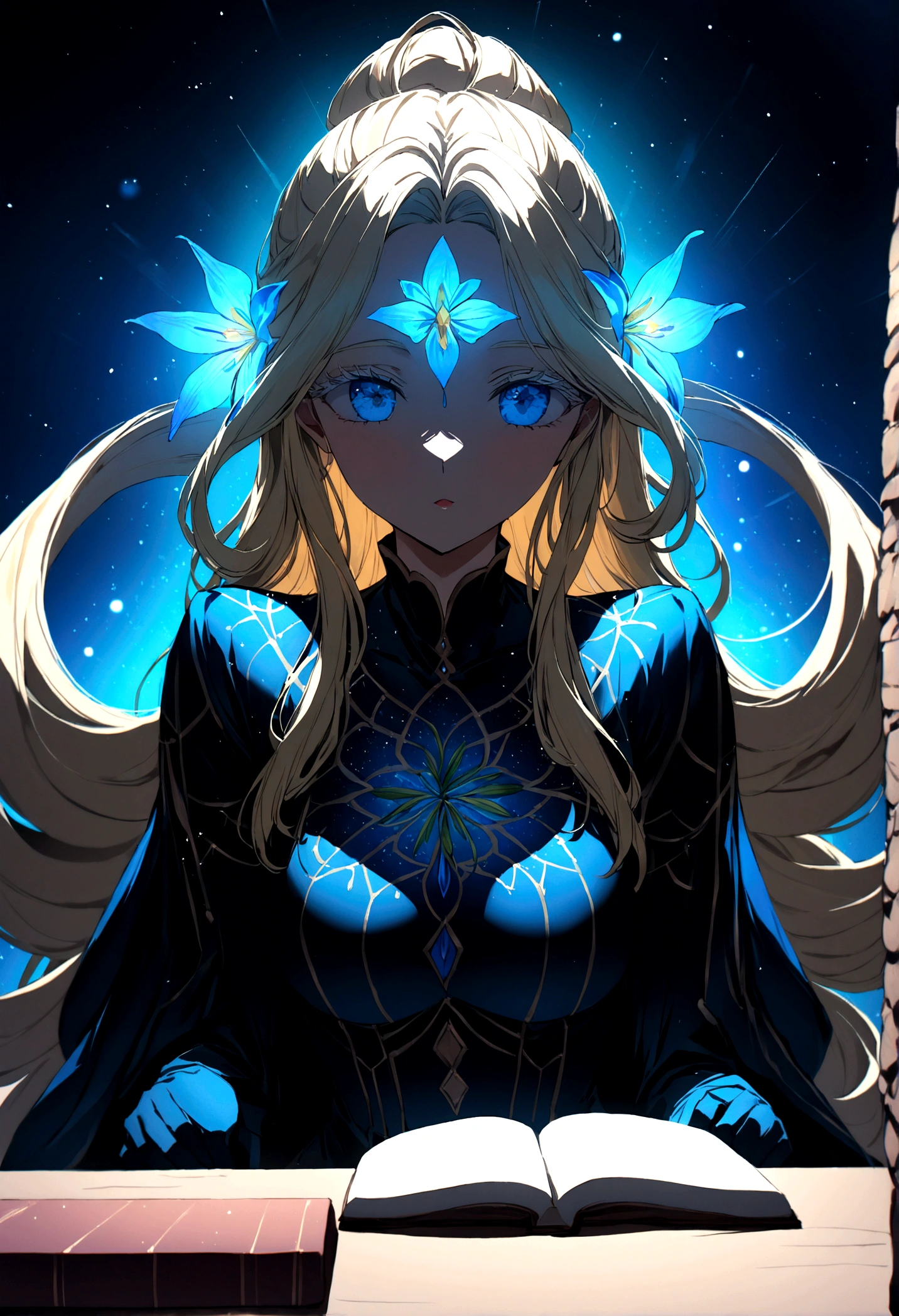 ((a extreme close up: 1.5)) facial picture of an astrologist who divine the future from the stars, an extraordinary beautiful woman, divining the future from the stars, there is magic in her eyes, the (( her irises are colored deep blue with stars in them: 1.5)) Intense gaze, ladyshadow , blond hair, dynamic hair style, she sits near a table divining the future, dynamic clothing, dynamic background, vibrant, Ultra-high resolution, High Contrast, (masterpiece:1.5), highest quality, Best aesthetics), best details, best quality, highres, 16k, [ultra detailed], masterpiece, best quality, (extremely detailed), ladyshadow, LightningMagicAI