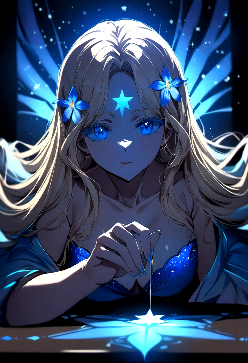 ((a extreme close up: 1.5)) facial picture of an astrologist who divine the future from the stars, an extraordinary beautiful woman, divining the future from the stars, there is magic in her eyes, the (( her irises are colored deep blue with stars in them: 1.5)) Intense gaze, ladyshadow , blond hair, dynamic hair style, she sits near a table divining the future, dynamic clothing, dynamic background, vibrant, Ultra-high resolution, High Contrast, (masterpiece:1.5), highest quality, Best aesthetics), best details, best quality, highres, 16k, [ultra detailed], masterpiece, best quality, (extremely detailed), ladyshadow, LightningMagicAI