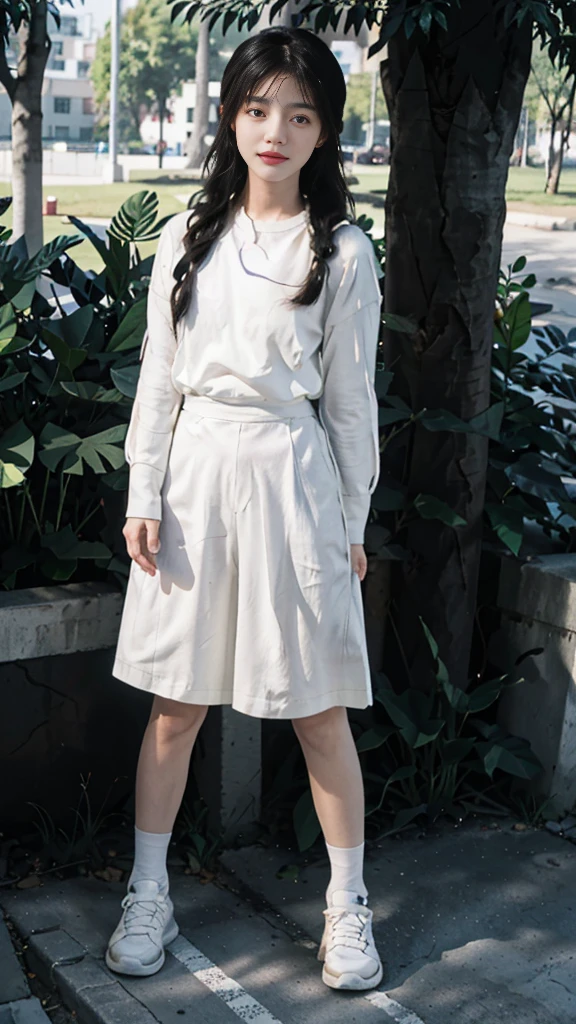 Girl wearing long white short-sleeved,White sneakers,With two braids,White on the calf,Close-up of a girl posing in the park,Full body close-up,Standing posture