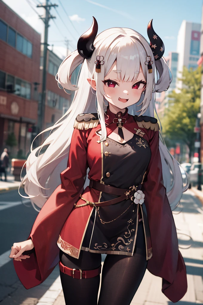 masterpiece, best quality, highres, hmnaa, hair ornament, mask on head, long sleeves, wide sleeves, epaulettes, (((black pantyhose))), thigh strap, bell, cowboy shot, fang, outdoors, peace sign,