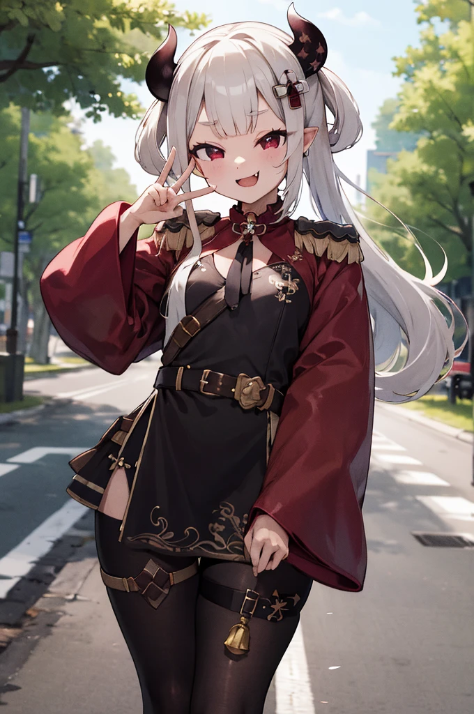 masterpiece, best quality, highres, hmnaa, hair ornament, mask on head, long sleeves, wide sleeves, epaulettes, (((black pantyhose))), thigh strap, bell, cowboy shot, fang, outdoors, peace sign,