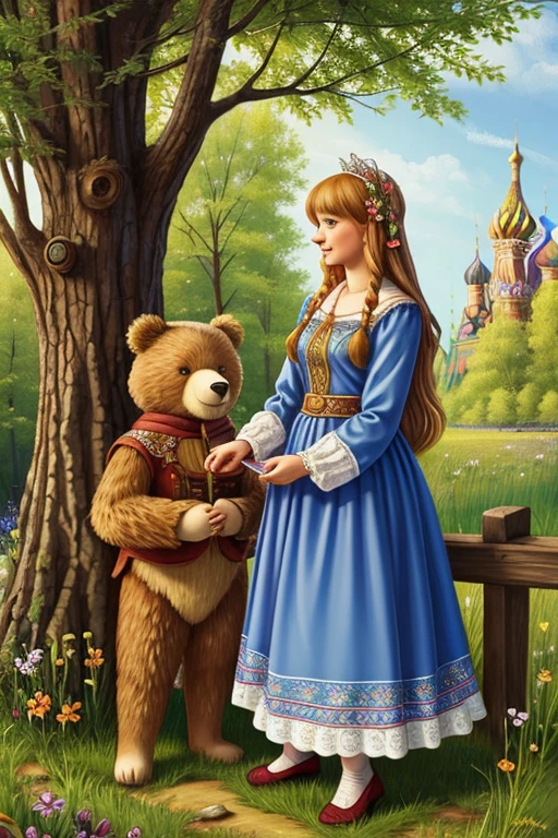 Illustration for the fairy tale Masha and the Bear in Russian folk style