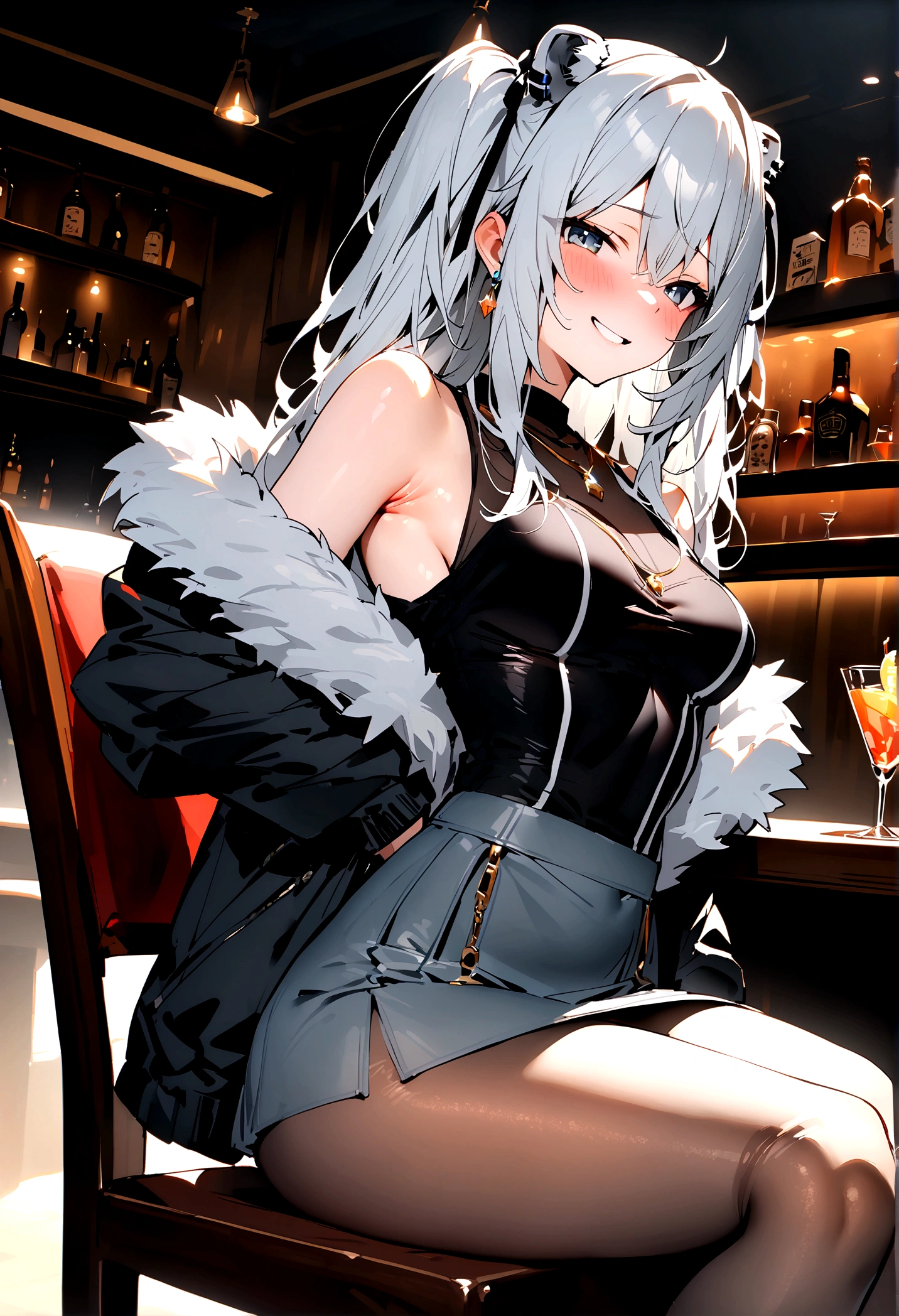 NSFW,masterpiece,Highest quality,High resolution,Super detailed,Shishirabotan\(Hololive\),Long Hair、Two Side Up、Earrings、Lion&#39;s Tail,necklace、Black Shirt、Sleeveless shirt、abdomen、See-through、Grey Skirt、片足pantyhose、pantyhose、fur-trimmed jacket、Black jacket、Off the shoulder,Bewitching Smile,blush,Luxurious Room,pub,counter,chair,Cocktail Glass,(Drunk),(Intoxication),Sitting in a chair