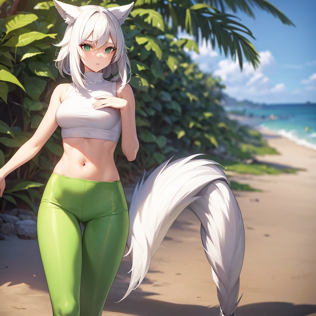 White hair, flat chest, green eyes, crop top, enge Leggins, walking, beach, wolfears, wolftail