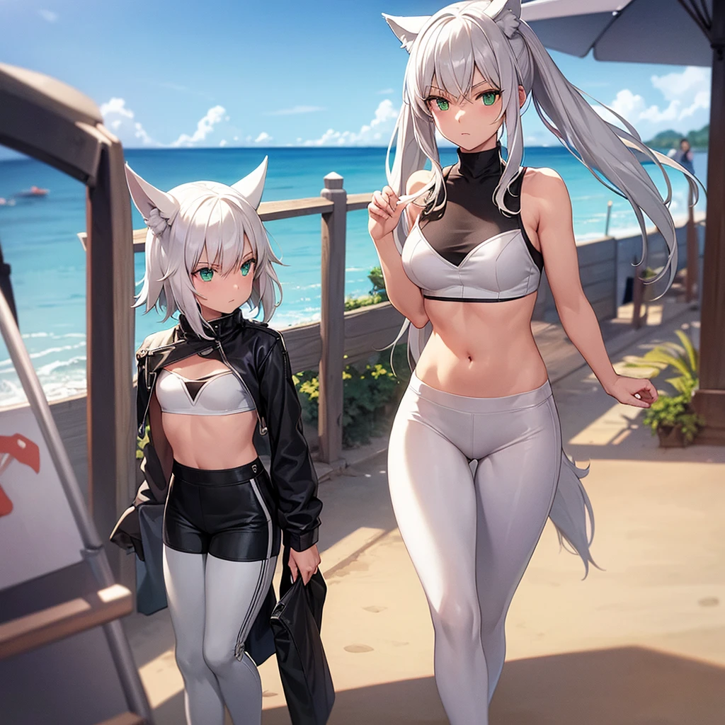 2 girls, elf, dark skinned with tanlines, topless, beach, small breasts, fat ass, bubble booty, pirate boots, covered in cum, covered in money, high quality resolution, very high quality, beautiful anime eyes
