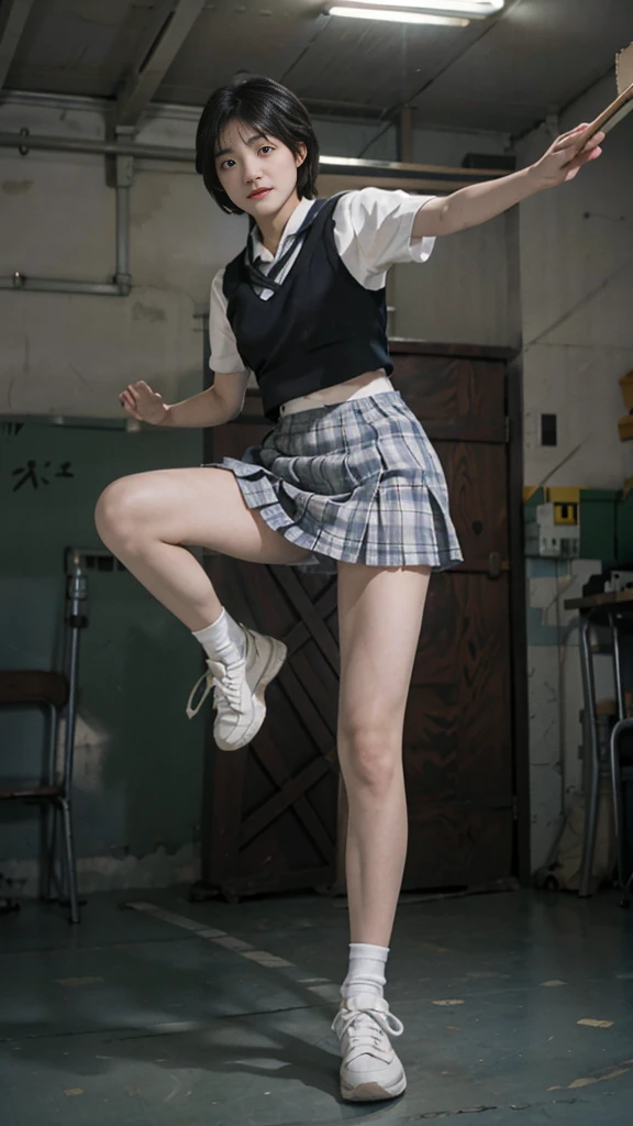 Battlefield Background,Wear a school uniform,Plaid miniskirt,sports shoes,Close-up of a girl with two pigtails kicking her legs in a ruined area,kick kick,high kick,Stand on one foot,high kick,strong leg high kick,Kicking is an action,Facing the audience,bobcut,sweat,Full body close-up