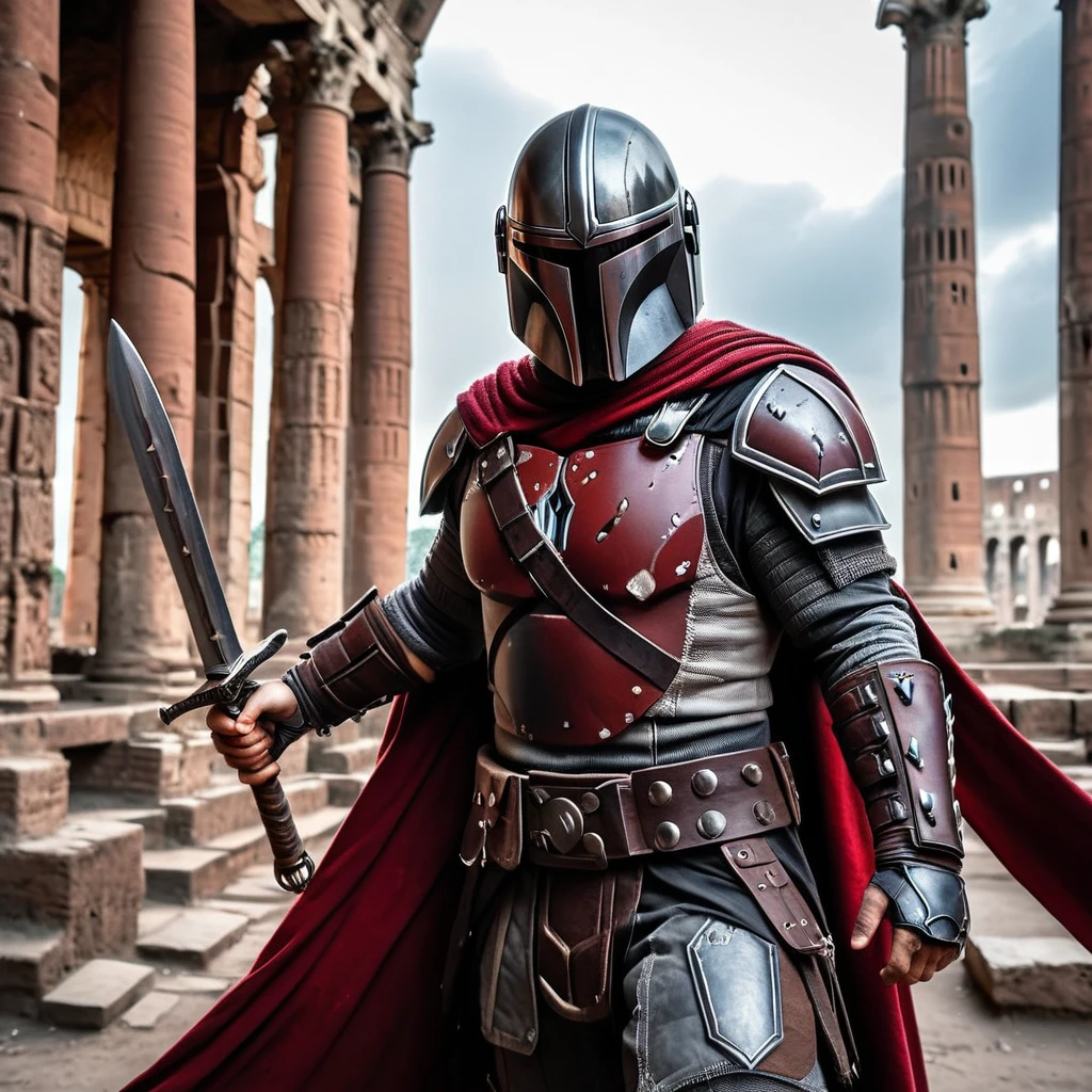 a mandalorian gladiator, holding a steel sword, muscular, glossy and worn steel gladiator armor, flowing black and red cape, intricate armor details, chrome armor plating, dusty blowing wind, colosseum, cinematic atmosphere, beautiful photography, 35mm, Canon EOS 5D Mark IV DSLR, f/5.6 aperture, 1/125 second shutter speed --ar 4:5 --style raw