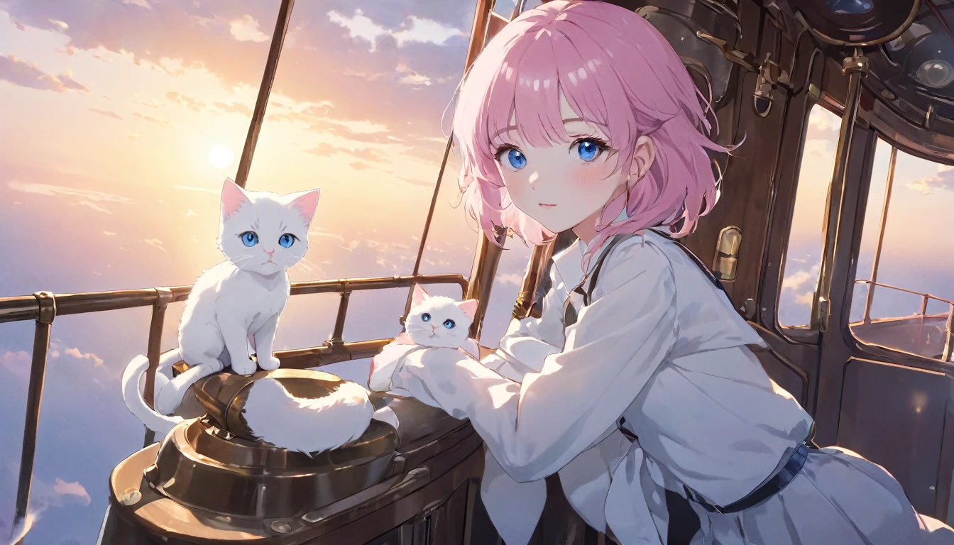 8K,high qulity,One Little Girl,Fine face,Pink hair,adolable,small,blindbox,White cat ears,On the boat,Short pink and white skirt,Golden decoration,head portrait,The upper part of the body,sideface,vred