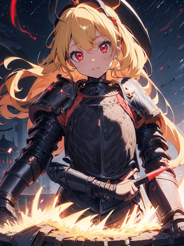 (RED Ribbon on HAIRband:1.2),(blonde hair :1.5),long hair,hair ornament,(((RED eyes))),(Anime Girl: 1.2), (Master Piece)), (Best Quality: 1.2), (8k Quality)), (Extremely Detailed Illustration)), (super fine Illustration)), an Extremely Delicate and Beautiful, Ultra High Resolution,fantasy,18 yo, cute face, kawaii,1 girl, solo,medium breasts,
(knight girl:1.9),(black diamond knight armor:1.9),((red cape)),weapon,(hand holding a trident:1.3),night,moon,castle town,outdoor:1.5,,Ichigo Hoshimiya (Aikatsu!),samurai,