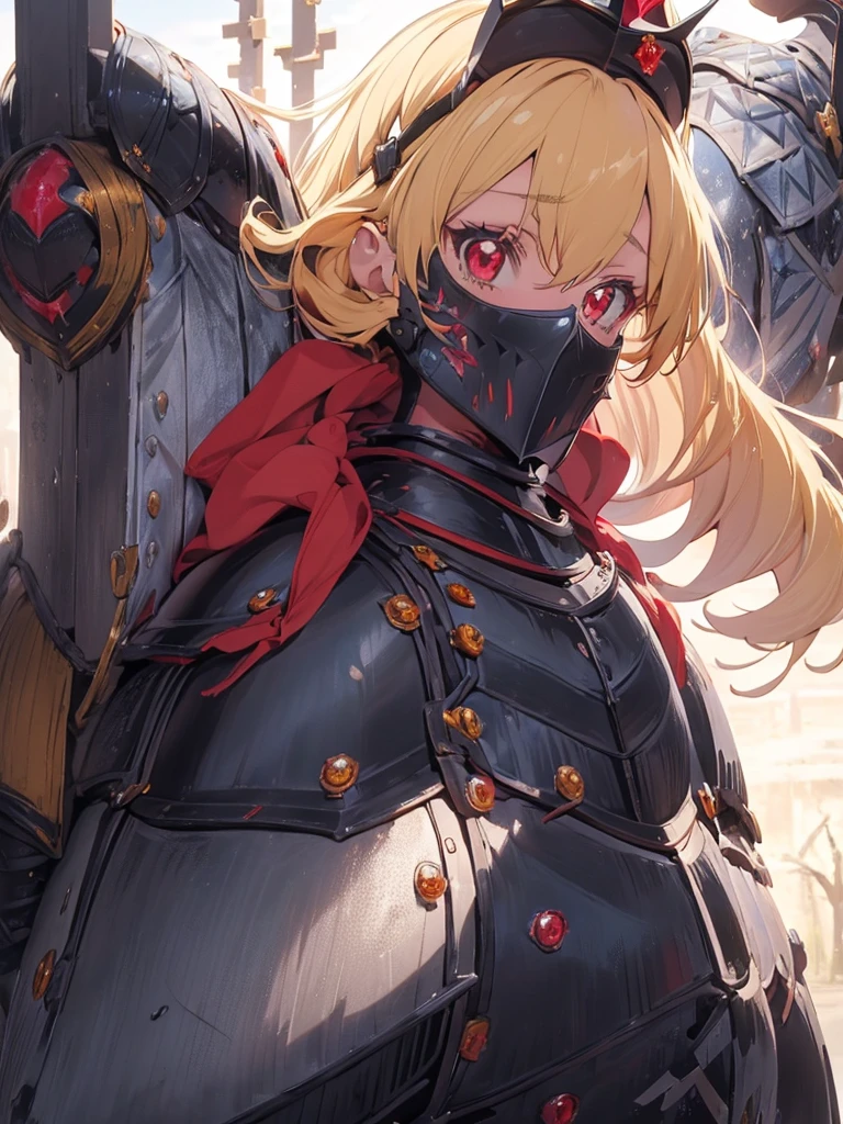 (RED Ribbon on HAIRband:1.2),(blonde hair :1.5),long hair,hair ornament,(((RED eyes))),(Anime Girl: 1.2), (Master Piece)), (Best Quality: 1.2), (8k Quality)), (Extremely Detailed Illustration)), (super fine Illustration)), an Extremely Delicate and Beautiful, Ultra High Resolution,fantasy,18 yo, cute face, kawaii,1 girl, solo,medium breasts,
(knight girl:1.9),(black diamond knight armor:1.9),((red cape)),weapon,(hand holding a trident:1.3),night,moon,castle town,outdoor:1.5,,Ichigo Hoshimiya (Aikatsu!),samurai,