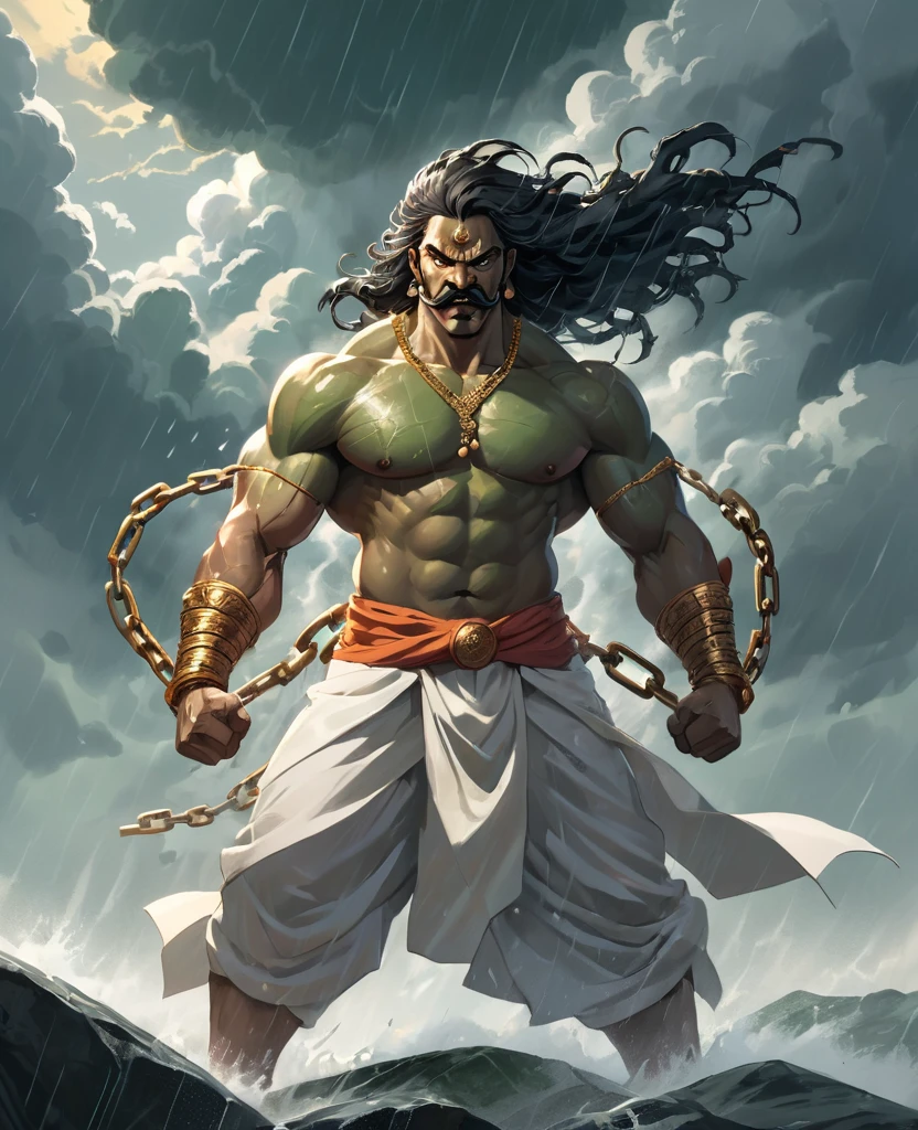 A striking, visually captivating illustration of a powerful Maratha (shouting:1.5) power stance, as green is prisionner warrior standing tall amidst dark clouds and heavy rain. His muscular, drenched body is adorned with massive shakles and chains at his arms, hips, and legs, while his glowing red eyes and fierce determination exude strength. With perfect facial features, a long handlebar mustache, and flowing drenched hair, he shouts in anger as he pulls the chains with immense strength. The golden hour's light illuminates him from behind, casting a dramatic rim light on his bulky frame, and the stormy atmosphere intensifies the dark fantasy scene. Clad in a white traditional dhoti-like pants and a torn white robe, the warrior's immense size and the gathering clouds create a mesmerizing visual experience that is both vibrant and cinematic, blending elements of painting, poster, and fashion into a concept, vibrant, poster, fashion, illustration, cinematic, painting, dark fantasy art by greg rutkowski 