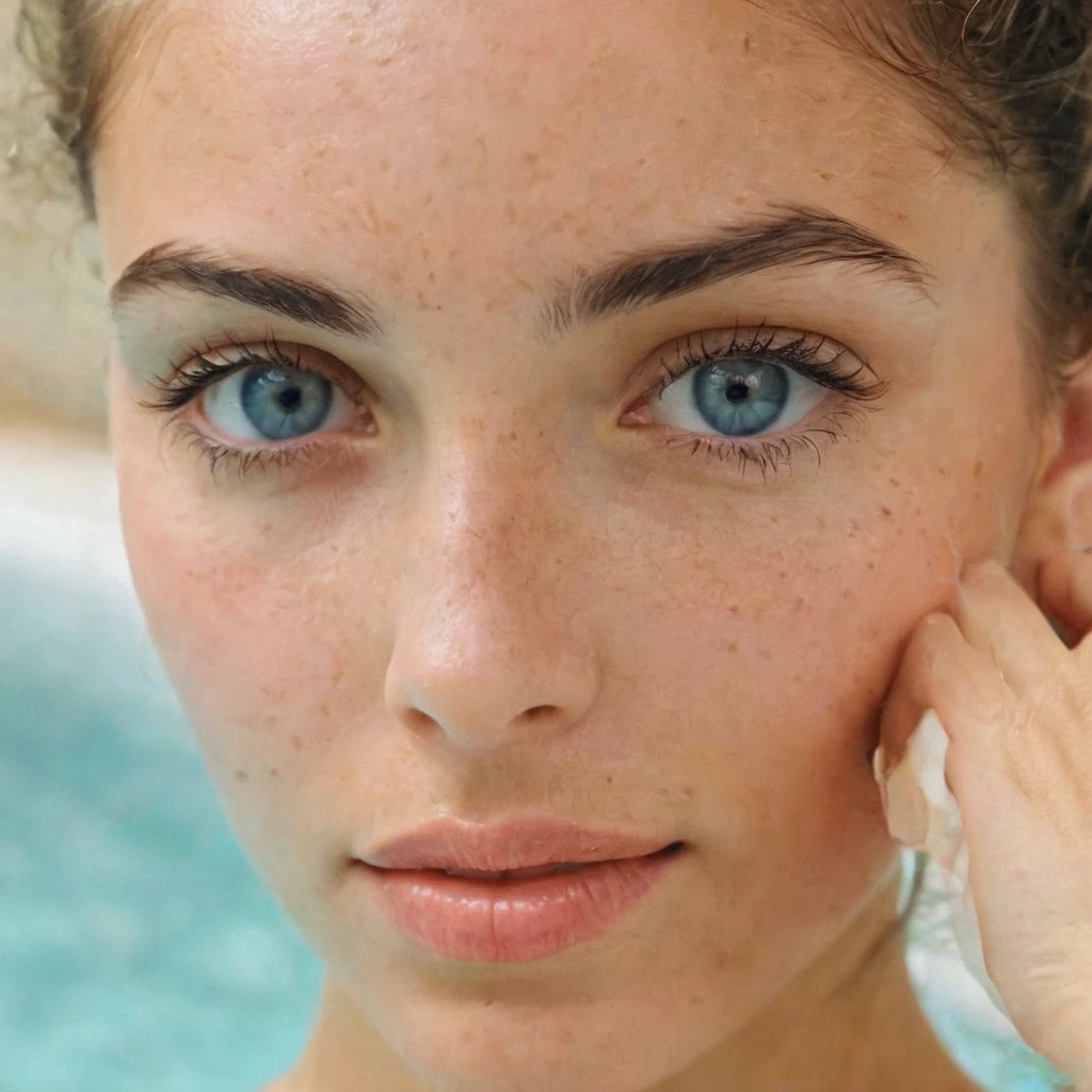 Portrait réaliste d’une Femme de 21 ans latine , yeux bleues avec des formes et cheveux longs qui est au bord de la piscine