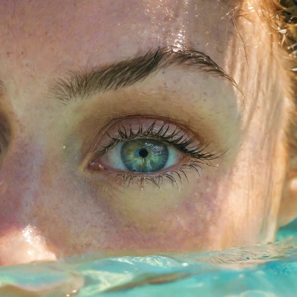 Portrait réaliste d’une Femme de 21 ans latine , yeux bleues avec des formes et cheveux longs qui est au bord de la piscine 