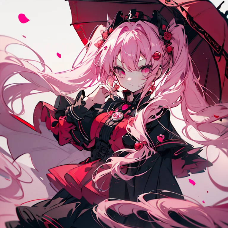 1 girl、Mature、Ample breasts、Long Hair、Pink Hair、Drill curl long hair、Twin tails、Dark Eyes、Round eyes、Gothic Lolita、Miniskirt、Crown on the head、Red Cape、Bewitching lol、cute、Red parasol、High resolution、Highest quality