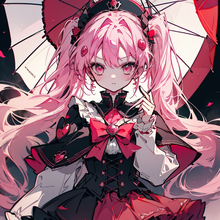 1 girl、Mature、Ample breasts、Long Hair、Pink Hair、Drill curl long hair、Twin tails、Dark Eyes、Round eyes、Gothic Lolita、Miniskirt、Crown on the head、Red Cape、Bewitching lol、cute、Red parasol、High resolution、Highest quality