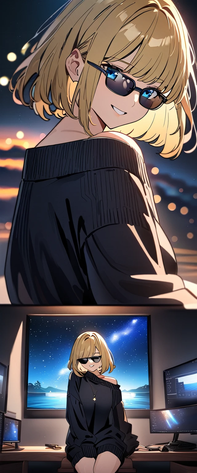 ((grin)), ((off-shoulder sweater:1.3, Quite thick shoulder straps)), ((black sweater)), ((sunglasses, hand to sunglasses)), (((from side))), ((((cowboy shot)))), ((Leaning to side)), (((a beautiful starry sky, the Milky Way shining beautifully in the night))), ((sitting on the very high cliff)), wavy hair, inward curled hair, sea, ((blond hair, bob cut:1.3)), breasts, teenager, (looking at viewer), oversized clothes, puffy long sleeves, collarbone, head tilt:1.3, (((blue eyes))), happy smile, (((anime style))), (best quality, 4K, 8K, highres, masterpiece:1.2, ultra-detailed, ultra-detailed eyes, HDR, uhd, studio lighting, ultra-fine painting, sharp focus, physically-based rendering, extreme detail description, professional, vivid colors, bokeh)
