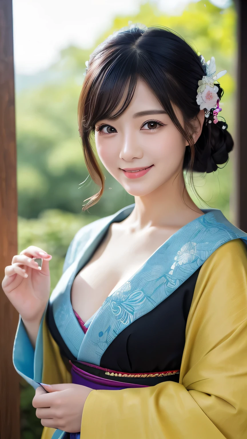 (masterpiece:1.3), (8K, Photorealistic, Raw photo, Best image quality: 1.4), Japanese 、Take a full-body photo，kimono、Less exposure、Cute costume，Japanese hairstyle，crystal，Natural color lip，(Fluffy Hair:1.2)、Cleavage:1.2、Super detailed face、Attention to detail、double eyelid、Put your chest together、Sharp focus:1.2、Beautiful woman:1.4、Black Hair、highest quality、masterpiece、超A high resolution、(Photorealistic:1.4)、Highly detailed and professionally lit smile、