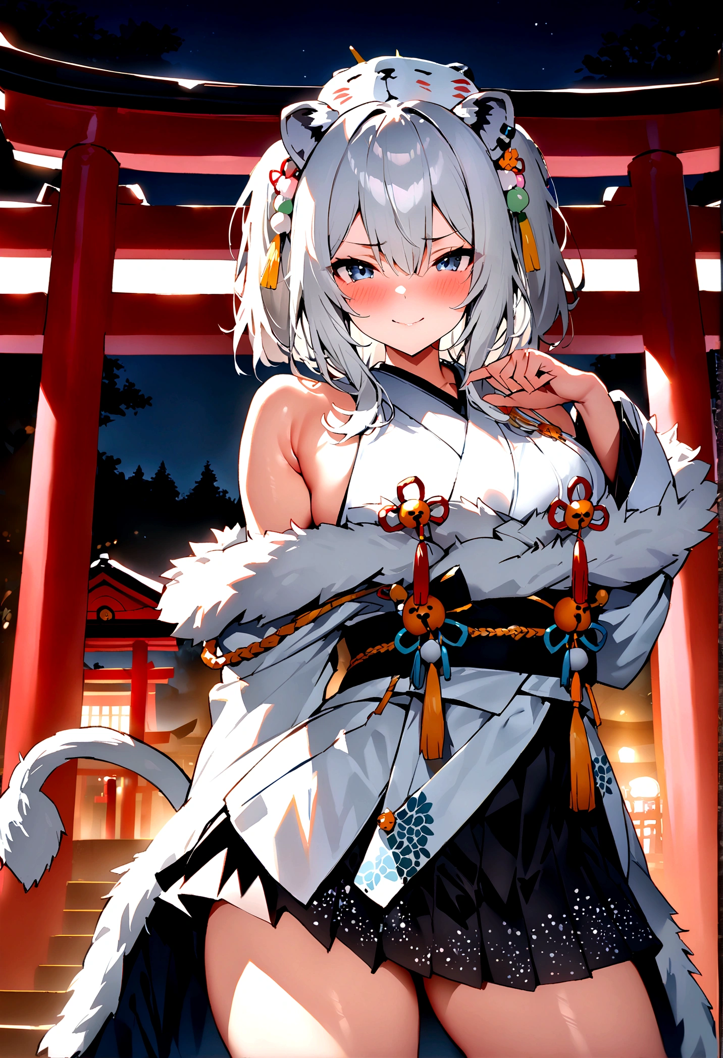 NSFW,masterpiece,Highest quality,High resolution,Super detailed,Shishirabotan\(Hololive\),Double Odango、flower、Side Lock、Lion's tail、White kimono、Off the shoulder、fur ornament、Black Hakama、Short skirt,Bad smile,blush,Shrine at night,torii,Sexy pose,(Seduce)