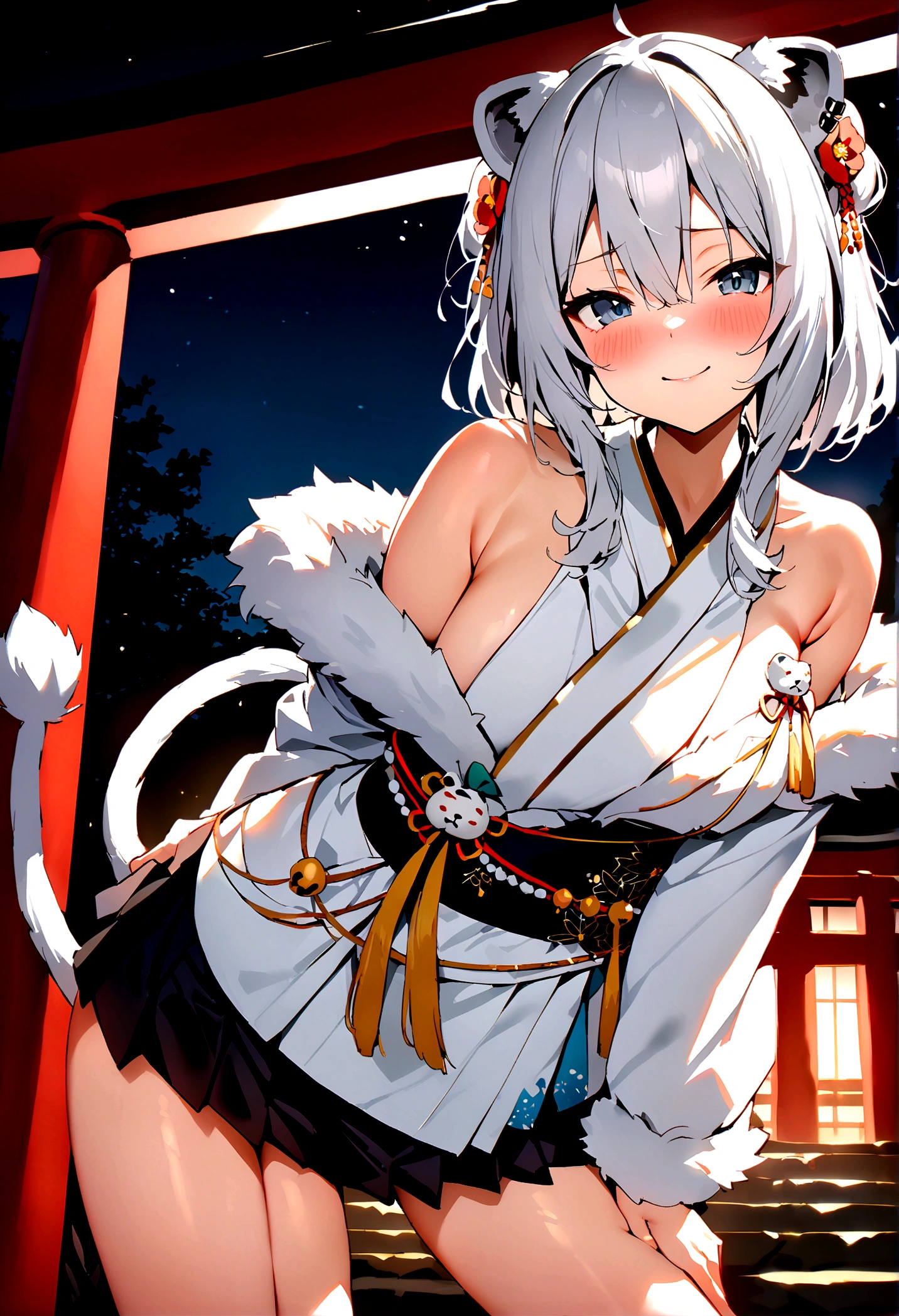 NSFW,masterpiece,Highest quality,High resolution,Super detailed,Shishirabotan\(Hololive\),Double Odango、flower、Side Lock、Lion's tail、White kimono、Off the shoulder、fur ornament、Black Hakama、Short skirt,Bad smile,blush,Shrine at night,torii,Sexy pose,(Seduce)