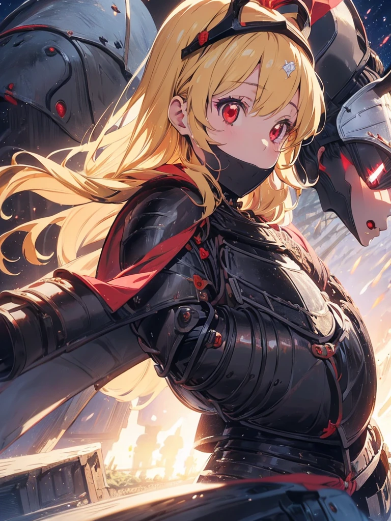 (RED Ribbon on HAIRband:1.2),(blonde hair :1.5),long hair,hair ornament,(((RED eyes))),(Anime Girl: 1.2), (Master Piece)), (Best Quality: 1.2), (8k Quality)), (Extremely Detailed Illustration)), (super fine Illustration)), an Extremely Delicate and Beautiful, Ultra High Resolution,fantasy,18 yo, cute face, kawaii,1 girl, solo,medium breasts,
(knight girl:1.9),(black diamond knight armor:1.9),((red cape)),weapon,(hand holding a trident:1.3),night,moon,castle town,outdoor:1.5,,Ichigo Hoshimiya (Aikatsu!),samurai,